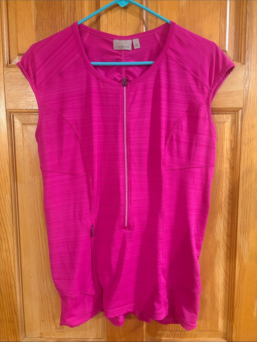 Athleta Fuchsia Zip-Front Short Sleeve Active Top